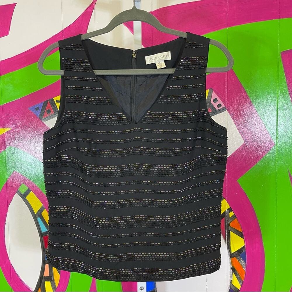 Casual Corner, V-Neck Beaded Striped Sleeveless Blouse. Size 8. Excellent cond!